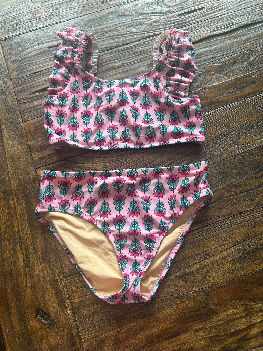 Crewcuts Pink Floral Ruffle-Shoulder Two-Piece Swim Set